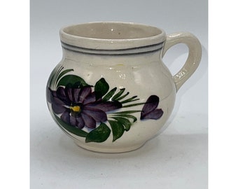 Vintage Hand Painted Purple Flower Blue Stripe Salt Glaze Ceramic Cup Mug with crazing