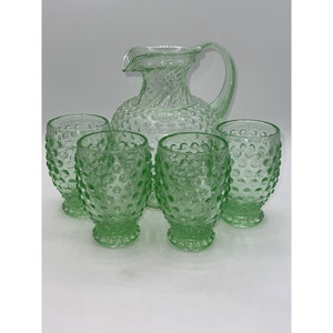 Tiara Indiana Green Hobnail Glass Tea Juice Pitcher and 4 Gobblets Set *as is