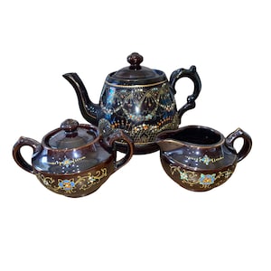 VTG Brown Betty Redware Moriage Teapot, Creamer & Sugar Bowl Hand Painted Japan