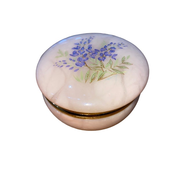 Vintage Peach Alabaster hand painted purple flowers trinket box Westland made in Italy