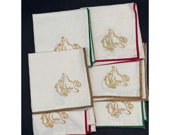 Partridge Cocktail Napkins Set Of 6 Pier 1 Imports 100% Cotton Embroidered Gold Trim 10"x10"