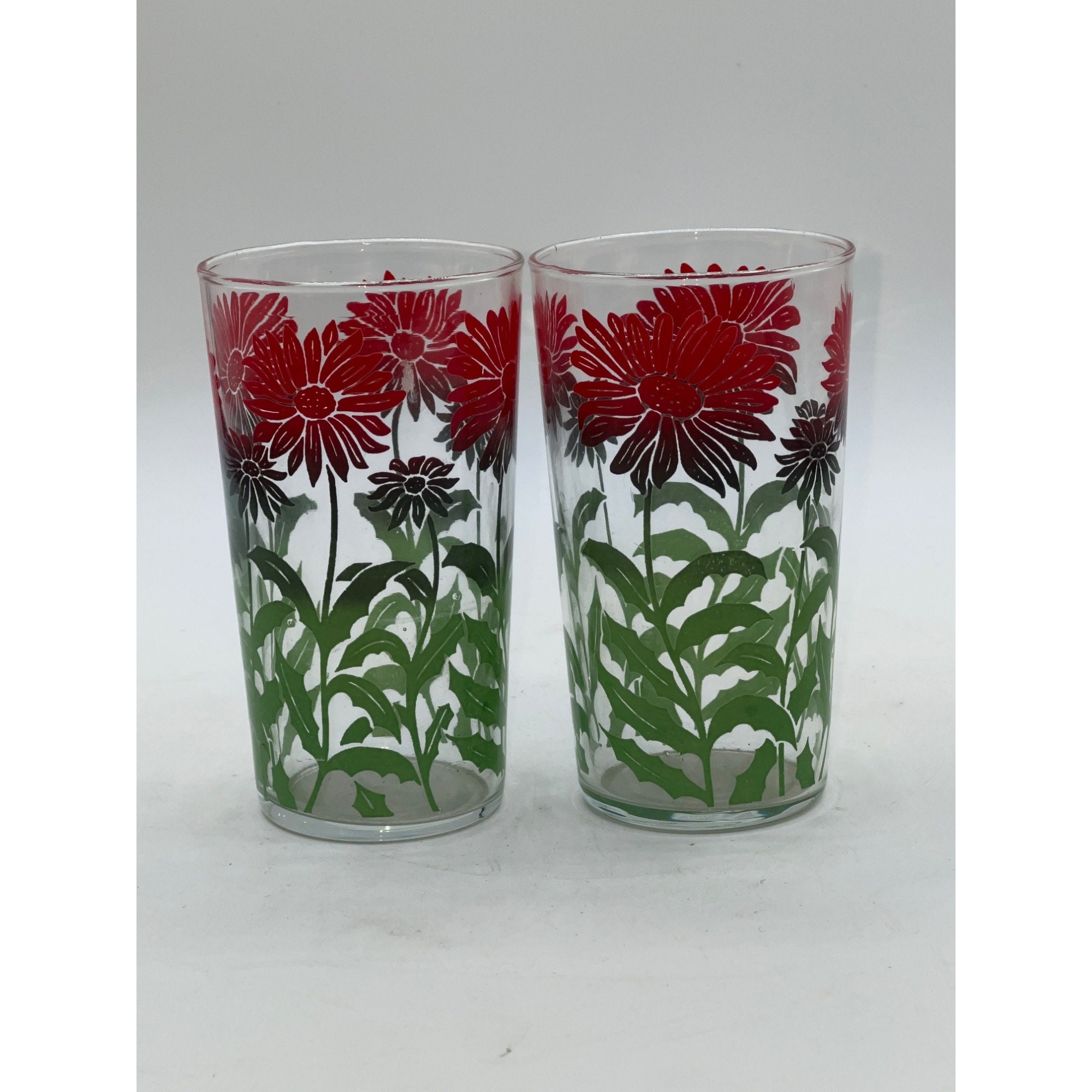 2 Vintage MCM Swanky Swig Red Poppy/Dahlia/Sunflower Green Florals juice glasses