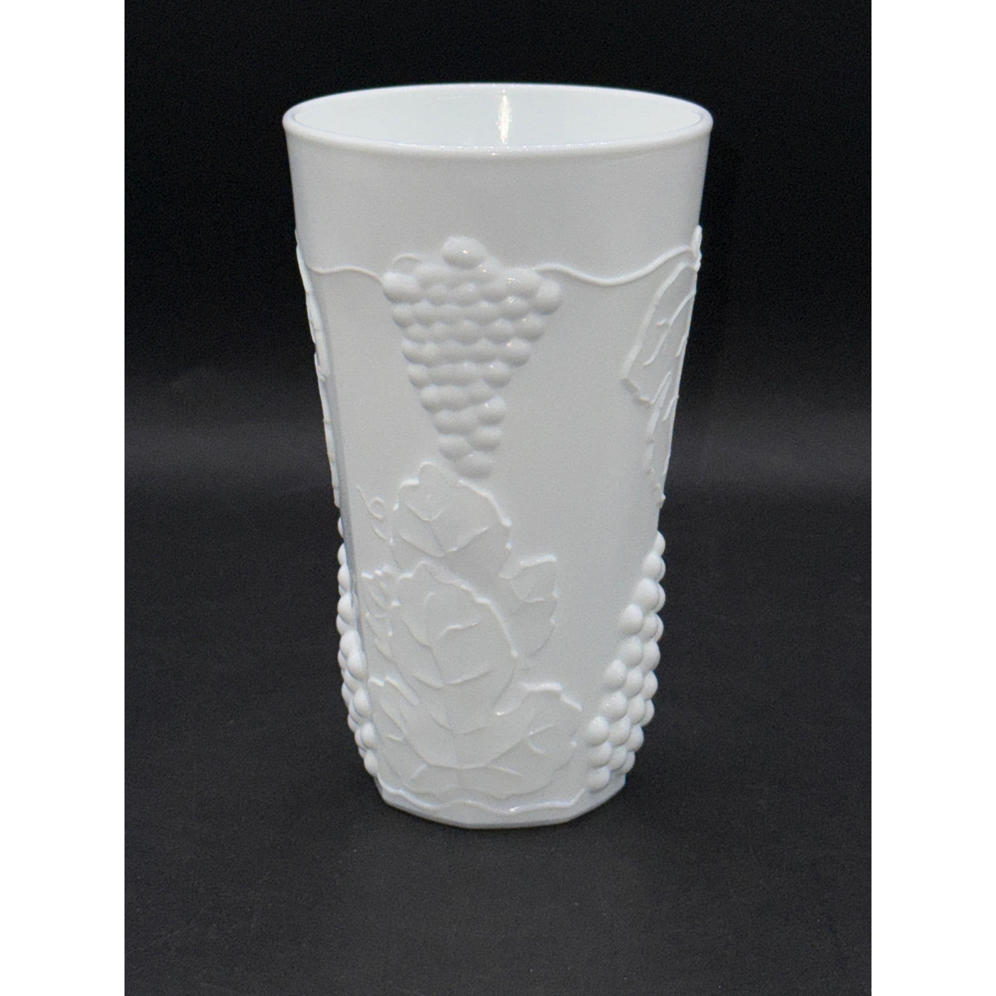 Milk Glass Tumbler With Grape & Vine Relief Design 6 Inches Tall