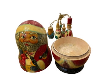 Matreshka Hand-Painted SANTA Doll with Set of Wooden Ornaments by G. DeBrekht
