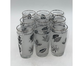 Vintage MCM Libbey Frosted Silver Leaf Design Juice Double Shot Glasses