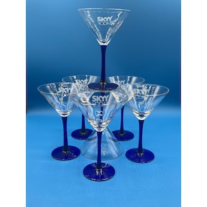 Set of Six Martini Glass SKYY VODKA Etched Clear and Blue Stem shaken or stirred