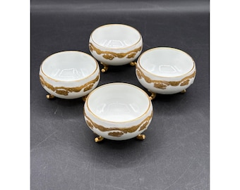 Set Of 4 Antique Limoges La Seynie France Porcelain Footed Bowls W/ Gold Trim Circa 1903-1917