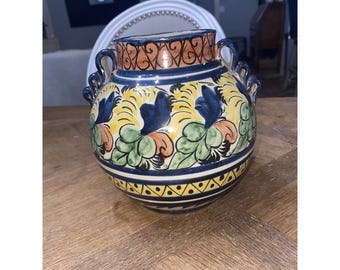 Vtg MEXICAN TALAVERA hand painted vase - ceramic clay pot - Signed MEXICO