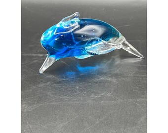 Blue and Clear Hand Blown Glass Diving Dolphin Paperweight