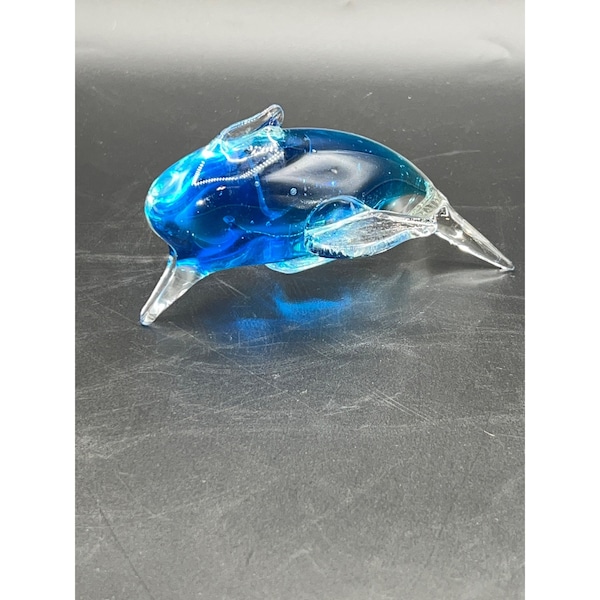 Blue and Clear Hand Blown Glass Diving Dolphin Paperweight