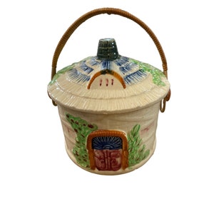 Vintage Majolica Japanese Biscuit Cookie Jar House