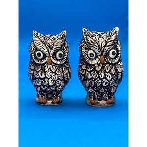 Puede incluir: Dos saleros y pimenteros de cerámica con forma de búho. Los búhos son blancos con detalles negros y marrones. Tienen ojos grandes y redondos y un pico marrón.