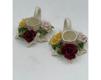 Pair of Capodimonté Style Ceramic Rose Finger Loop Handle Candlestick Holders