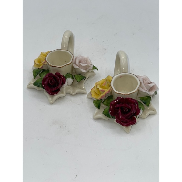Pair of Capodimonté Style Ceramic Rose Finger Loop Handle Candlestick Holders