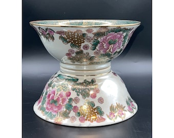 Set von zwei Vintage Chinoiserie Porzellanschüsseln Toyo Trading Co Blumendekorschüsseln