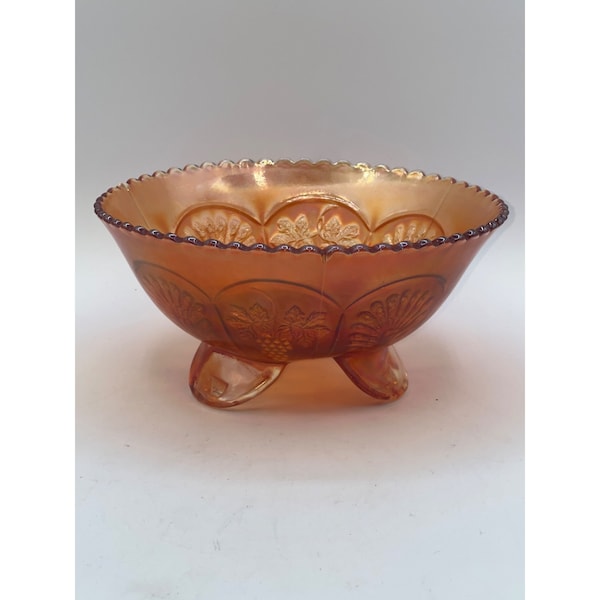 Fenton Marigold Carnival Glass Ruffled Edge Peacock and Grapes Rounded Foot Bowl