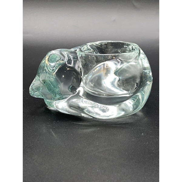 Vintage Indiana Glass Clear Crystal Sleeping Cat Votive Candle Holder