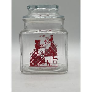 Vintage Hazel Atlas Klarglas quadratisches Glas Kanister Deckel & rote Silhouette Design