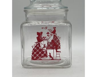 Vintage Hazel Atlas Clear Glass Square Jar Canister Lid & Red Silhouette Design