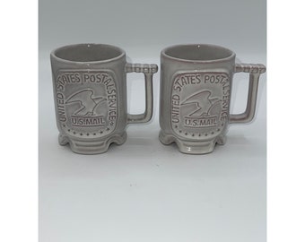 Set of Two White Glaze 1980s Frankoma United States Post Office Mugs
