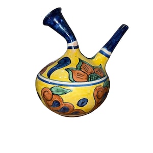 19th Century Earthware Glazed Large Hand-Painted Pitcher Amora Mexico
