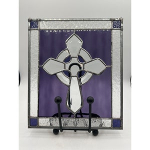 Stained Glass Celtic Cross Panel 11&quot;x11&quot; Purple & White
