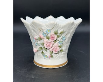 Lefton Porcelain Vase Applied Bisque Floral Design last photo shows damage