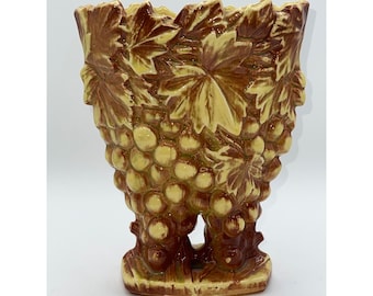 Vintage 50s MCM McCoy Brown Grape Cluster Vase Planter Art Pottery