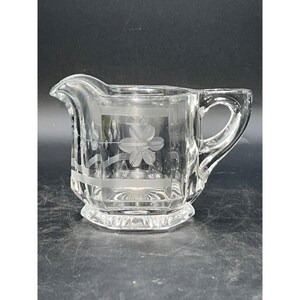 VTG Crystal Glass Flower Etched Clear Footed Hexagonal Creamer with Handle