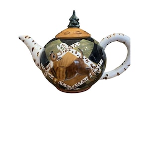 Zrike Outpost Teapot/Lid Deer Acorn Birch Retired Hand Painted S. Riggsbee White