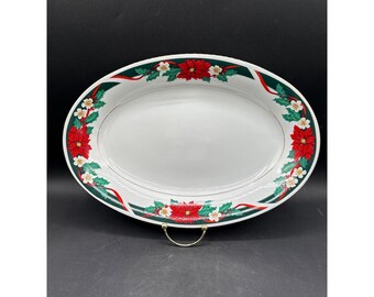 Tienshan Fine China Oval Serving Platter Deck The Halls 14.25" Gold Trim Christmas Design