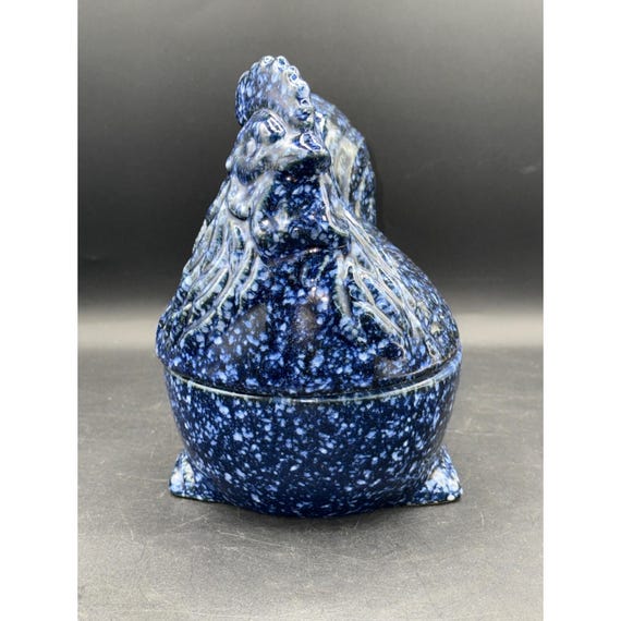 Otagiri Japan Blue Speckled Ceramic Hen on Nest Covered Dish Bowl