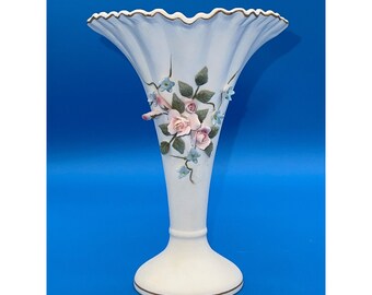 Lefton White Porcelain Bisque Trumpet Vase Applied Pink Flowers Green Leaves #1195 6.5"