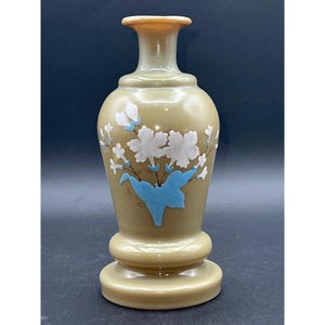 Hand-Painted hand blown Olive Bristol Glass Vase Enamel Floral & Butterfly Design