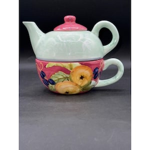 Tracy Porter handbemalte Stacking Teekanne & Tasse Set Fruit Design 4,75 "Durchmesser 7" hoch Saks Fifth Allee Exclusive