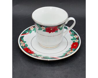 Tienshan Deck The Halls Fine China Cup & Saucer Set Christmas Poinsettia Design Gold Trim 6" Saucer 3 1/8" Cup