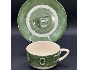 Royal China Colonial Homestead Green Transferware Cup & Saucer Set - Rustic Americana Design