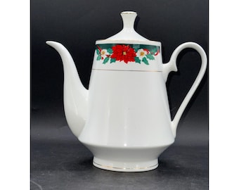 Vtg Tienshan Fine China Holiday Coffee/Teapot With Poinsettia & Holly Pattern Built-In Strainer Gold Trim 8.5" Tall