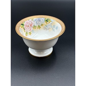 Hand Painted Nippon Morimura Noritake Porcelain Pedestal Bowl With Floral Design & Greek Key Gold Trim