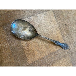 May include: A silver serving spoon with an ornate handle. The spoon has a large, oval-shaped bowl and a long, slender handle.