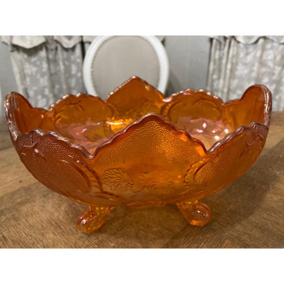 VTG Depression Karneval Marigold Indiana Glass Footed Obstschale orange luster Ware