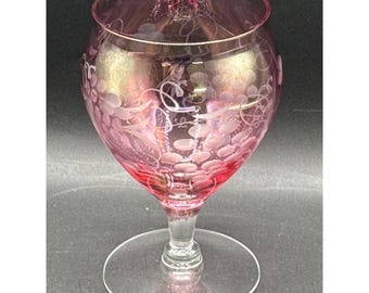 Cranberry Cut to Clear Glass Goblet With Etched Grapevines & Gilded Rim 6 1/4" Tall
