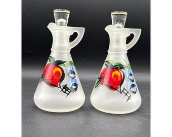 VTG Hazel Atlas Hand-Painted Frosted Glass Blueberry Apple Oil & Vinegar Cruets With Stoppers