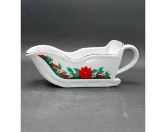 Tienshan Fine China Deck The Halls Christmas Gravy Boat 10" White With Gold Trim Holiday Design