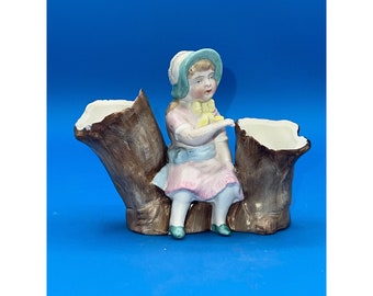 Vintage Hand-Painted Ceramic Figurine Planter Double Bud Vase Girl On Tree Stump