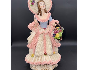 Dresden Porcelain Lace Dress Hat Lady with Flower Basket Figurine German Vintage