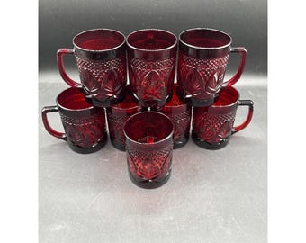 Set Of 8 Luminarc Cristal DArques Ruby Red Pressed Glass Mugs French
