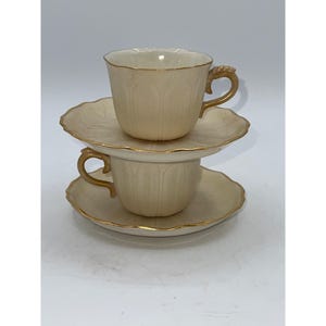 Royal Worcester England Cream & Gold Demitasse Teacup And Saucer Set Of 2