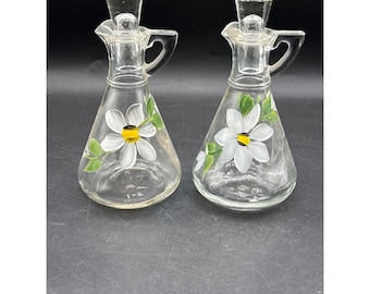 VTG Hazel Atlas Glass Oil & Vinegar Cruets With Daisy Hand-Painted With Stoppers
