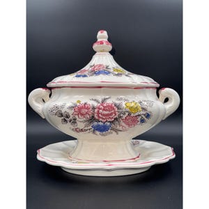 Royal Sealey Floral Hand Painted Porcelain Ironstone Soup Tureen, Lid, Underplate